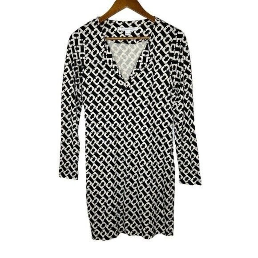 Diane Von Furstenberg DVF Black White Long Sleeve 100% Silk Dress Size 8 Women’s
